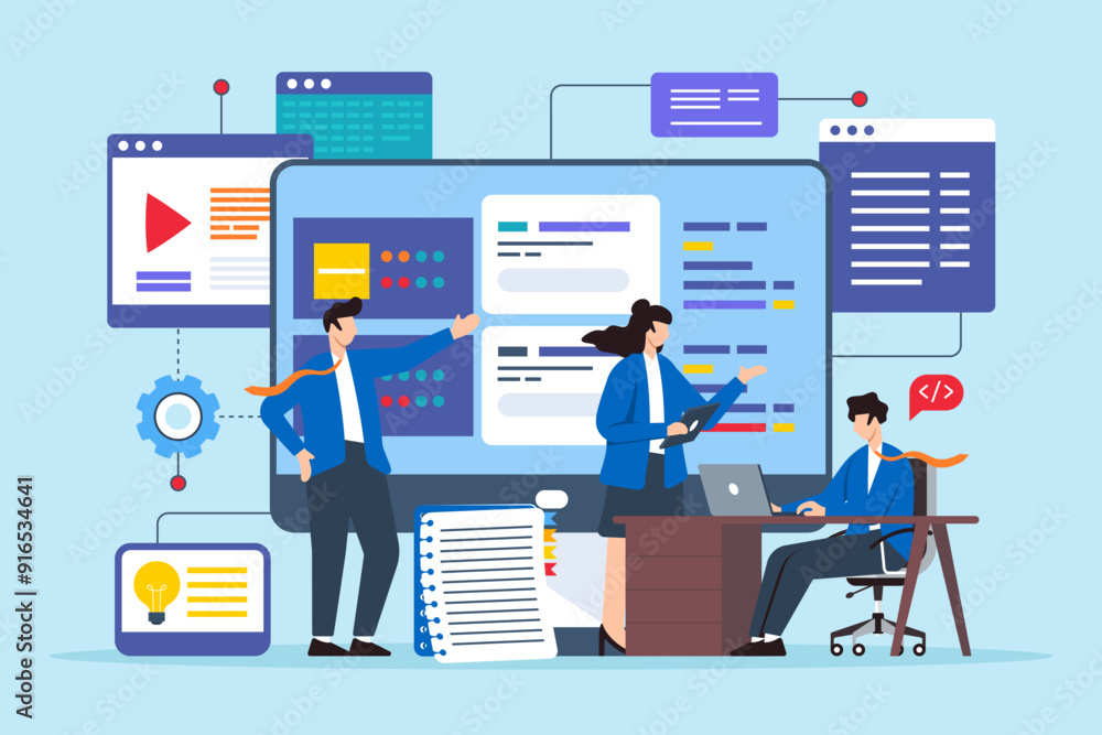 Poster flat illustration of analysts collaborating to solve technical dilemmas on computer screen
