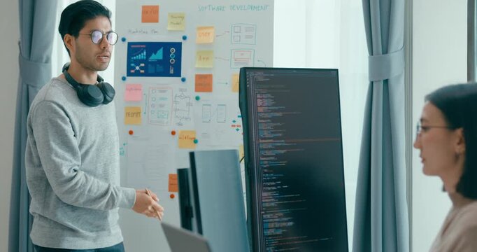 Group adult Asia male female software developers mentor leader manager talk strategy plan to executive write prompt AI bot IT app program nomad, video game, data center. Whiteboard slideshow code.