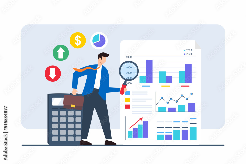 Poster flat illustration of businessman analyzing documents with numbers graphs and charts to uncover answe
