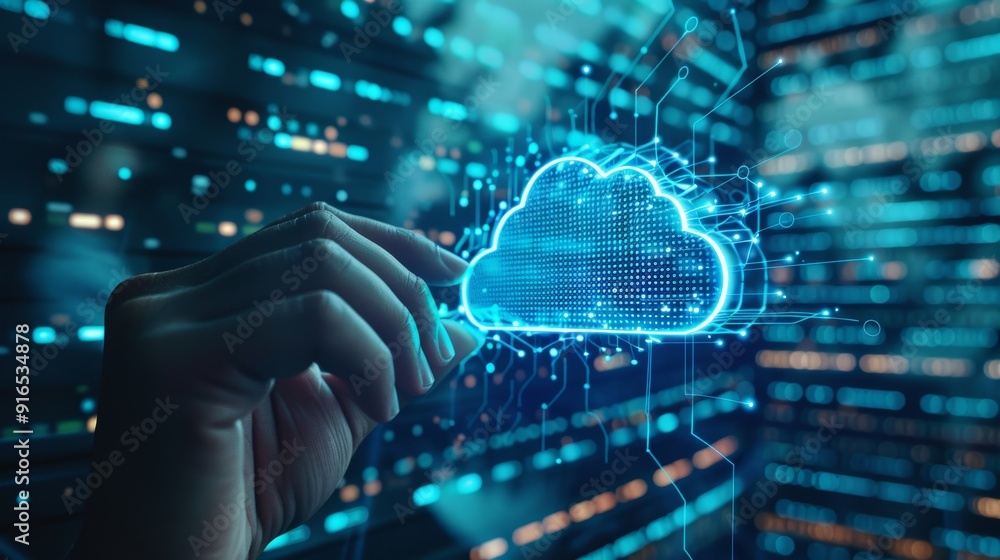 Poster human hand touch the button to start cloud computing for server and backup technology.