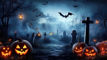 Spooky Halloween night in a foggy cemetery with glowing Jack-o'-lanterns, bats, and eerie lanterns casting an ominous glow.