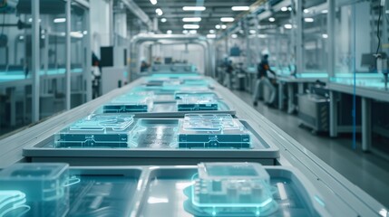 Obraz premium modern manufacturing shopfloor, holographic overlays symbolizing data flows