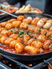 Fototapeta premium Sizzling Tteokbokki Feast at a Bustling Korean Street Market