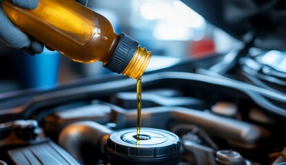 Mechanic Pouring Oil into SUV Engine with Focus on Hands and Bottle