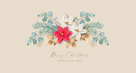 Christmas garland of Flowers, fir branches, golden leaves and red berries on a white background. Christmas and New Year banner