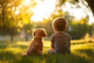 A child and a dog sitting together in the grass at sunset, facing away from the camera, symbolizing friendship and peaceful coexistence in a serene, natural setting.