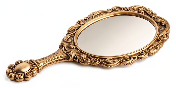 Vintage gold hand mirror with organic shaped frame, isolated on background, gold, vintage