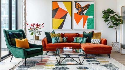 Colorful couch with pillows beside a green chair in modern living room with metal accents and geometric art