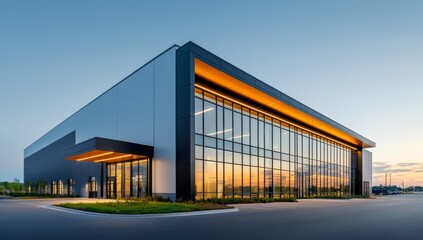 Modern Warehouse Exterior with Large Glass Windows and Blue Sky Background