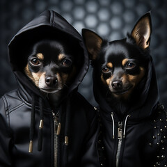 two small dogs wearing black hoodies, in the style of surreal urban, ominous vibe,