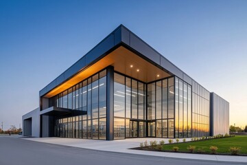 Fototapeta premium Modern Warehouse Exterior with Large Glass Windows and Blue Sky Background
