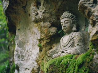 Obraz premium A weathered stone statue of Buddha sits in a rock crevice covered in moss, creating a serene and peaceful scene.