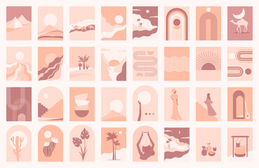 Set of Abstract Modern Posters terracotta colors. Desert landscapes, elements of ancient architecture, caravan, desert plants.  Decorative elements of a rainbow, arches, symbols of balance.