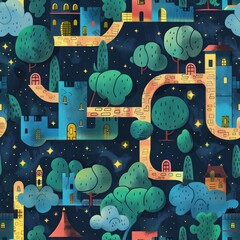 Nighttime Town Seamless Pattern.