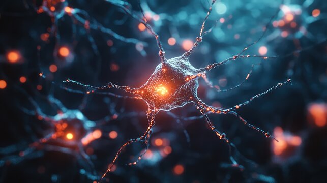 Conceptual illustration of a neuron cell with bright junctions in abstract dark space. Human nervous system. AI generation