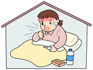 医療問題のイラスト - 病人・高熱・体調悪化・自宅療養者・医療難民