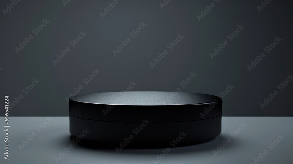 Poster A black object with a circular shape is on a grey surface