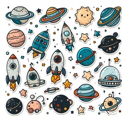 The collection of cartoon stickers of the galaxy and planets with the ship