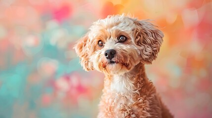 A Cockapoo in an abstract watercolor background, soft pastels and fluid shapes, creating a dreamy and playful ambiance, hd quality, natural look. --ar 16:9 --v 6.0 --s 250 --style raw