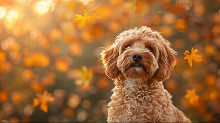 A Cockapoo with an abstract autumn background, swirling leaves in shades of orange and yellow, creating a warm and cozy atmosphere, hd quality, natural look. --ar 16:9 --v 6.0 --s 250 --style raw