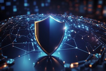Fototapeta premium Hi-tech Shield of cyber security. Digital data network protection. High-speed connection data analysis. Technology data binary code network conveying. Future technology digital background concept. 