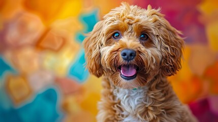 A Cockapoo with an abstract geometric background, sharp lines and bold colors, creating a dynamic and modern composition, hd quality, natural look. --ar 16:9 --v 6.0 --s 250 --style raw