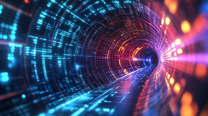 Obraz premium A futuristic tunnel of light and colors, portraying a dynamic flow of vibrant energy in a digital landscape.