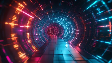 Obraz premium A vibrant, futuristic tunnel illuminated with neon lights in shades of blue and pink, creating a dynamic visual experience.