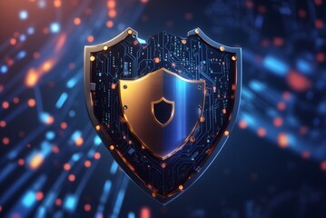 Hi-tech Shield of cyber security. Digital data network protection. High-speed connection data analysis. Technology data binary code network conveying. Future technology digital background concept.
