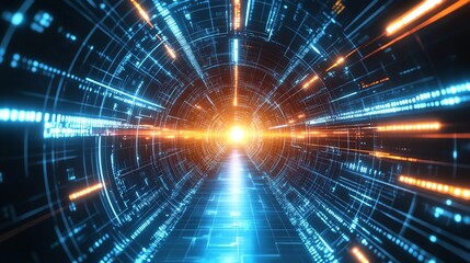Obraz premium A vibrant digital tunnel filled with glowing lines and light beams, representing a futuristic pathway through technology.