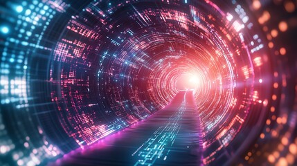 Obraz premium A vibrant digital tunnel illuminated by neon lights, symbolizing futuristic technology and a journey through cyberspace.