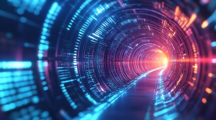 Fototapeta premium A vibrant digital tunnel with glowing lights and futuristic elements, symbolizing technology and innovation.