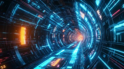 Obraz premium A vibrant digital tunnel with glowing lights, representing a futuristic journey through technology and innovation.