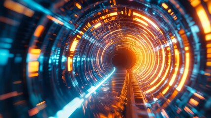 Obraz premium A vibrant digital tunnel with intricate glowing patterns, showcasing a futuristic landscape and mesmerizing colors.
