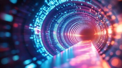 Obraz premium A vibrant tunnel of light showcasing a blend of neon colors and digital patterns, evoking a sense of depth and futurism.