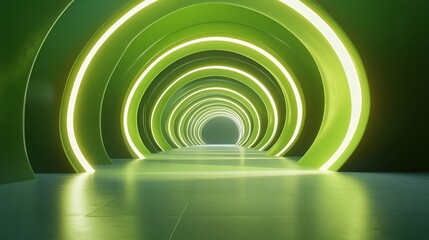 Obraz premium Futuristic green tunnel with glowing lights creating a surreal and inviting atmosphere, perfect for modern design concepts.