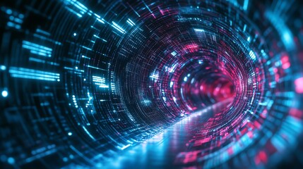 Obraz premium Futuristic tunnel with glowing digital patterns in blue and pink, representing advanced technology and innovation.