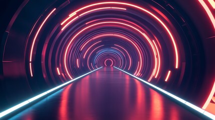 Futuristic tunnel with vibrant neon lights and reflections, creating an immersive sci-fi atmosphere.