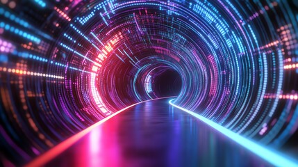 Obraz premium Futuristic tunnel with vibrant neon lights creating a mesmerizing effect, ideal for sci-fi and technology themes.