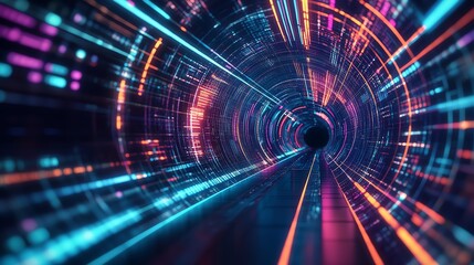 Obraz premium Vibrant digital tunnel with neon lights representing speed and motion in a futuristic landscape.