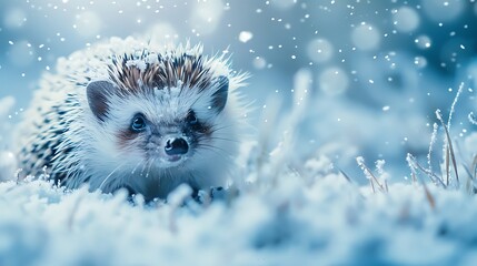 Obraz premium A Hedgehog with an abstract snowy background, cool blues and white textures, creating a magical and wintery feel, hd quality, natural look. --ar 16:9 --v 6.0 --s 250 --style raw