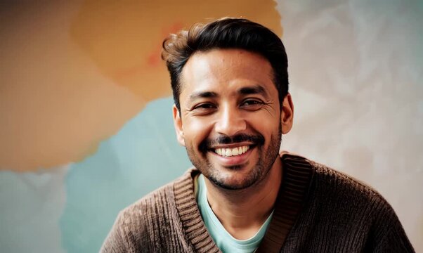 Portrait video of a cheerful Indonesian man in his 40s wearing a chic cardigan against an abstract background 