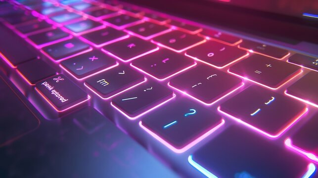 Closeup view of laptop keyboard in neon light