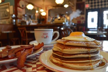 Fototapeta premium Classic American breakfast served in an old-school NYC breakfast restaurant, with vintage decor, cozy booths, and a nostalgic atmosphere, featuring pancakes, eggs, bacon, and coffee