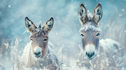 Obraz premium A Miniature Donkey with an abstract snowy background, cool blues and white textures, creating a whimsical and wintery feel, hd quality, natural look. --ar 16:9 --v 6.0 --s 250 --style raw