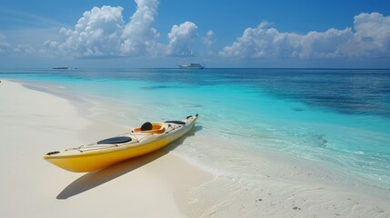 Fototapeta premium A serene beach with a yellow kayak resting on white sand, turquoise waters, and fluffy clouds in a bright blue sky.
