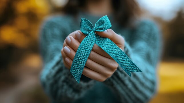 Close-up of a woman's hand with a teal ribbon, highlighting ovarian cancer and PCOS awareness for health advocacy.