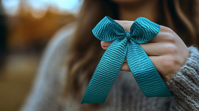 Close-up of a woman's hand with a teal ribbon, highlighting ovarian cancer and PCOS awareness for health advocacy.
