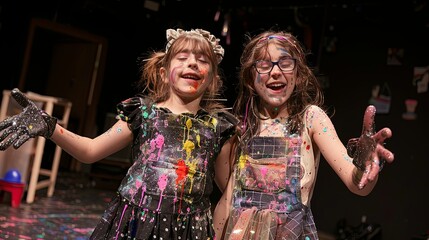 Engaging youth theatre production with vibrant costumes and dynamic acting scenes on stage. Young actors performing dramatic scenes in a lively, colorful, and creative environment