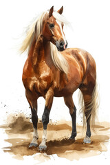 A watercolor painting of a brown horse standing in the dirt